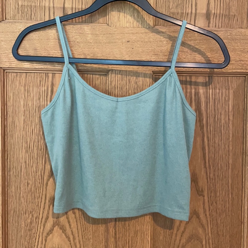 green, ribbed, crop top, spaghetti straps
